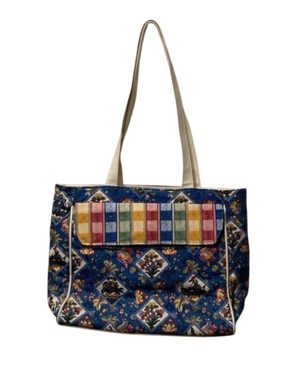 Navy Blue Geometric Pattern Tote with Rainbow Stripes